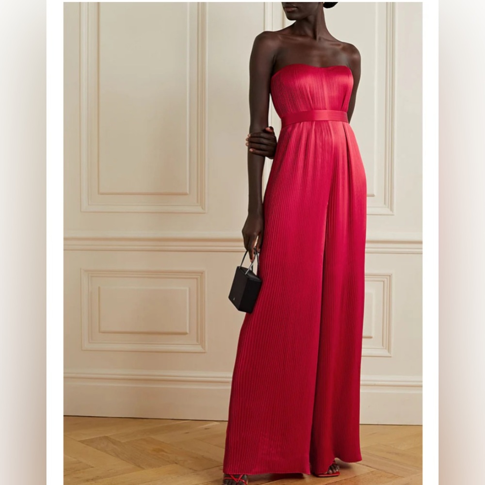 SEMSEM STRAPLESS BELTED PLISSÉ SILK-SATIN JUMPSUIT